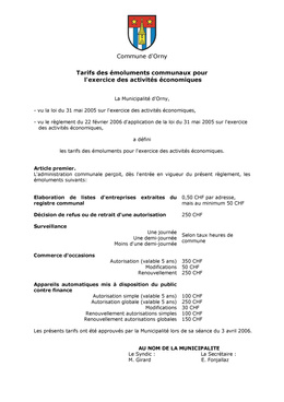 TARIFS DES ÉMOLUMENTS COMMUNAUX POUR L'EXERCICE DES ACTIVITÉS ÉCONOMIQUESa